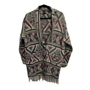 VTG Northern Style Cream Colorful Southwestern Fringe Jacket Western Size M Flaw